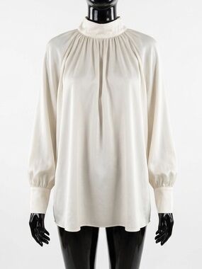 ZARA Satin Effect Mock Neck Blouse Ivory Cream High Neck Flowy Long Sleeve - L